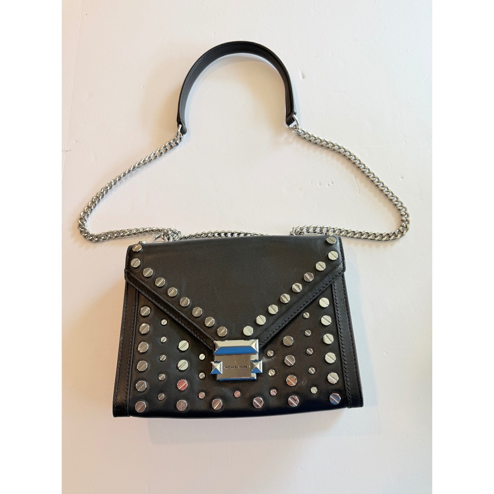 Michael Kors Sloan Editor Black Leather Studded Crossbody Shoulder Bag Silver